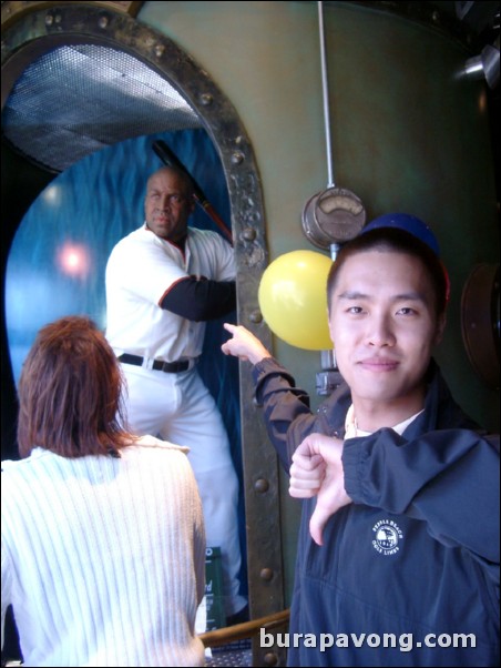 A wax sculpture of Barry Bonds at the entrance to The Wax Museum.