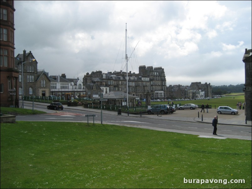 View of the first tee and 18th green of the Old Course from Bow Butts.