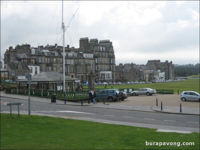 View of the first tee and 18th green of the Old Course from Bow Butts.