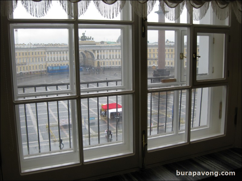 Looking out onto Palace Square from the Hermitage Museum.