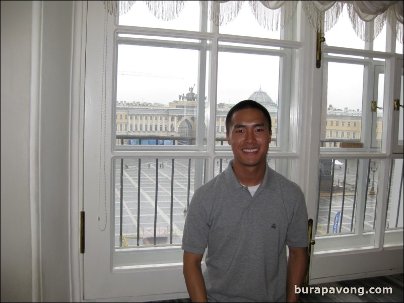 Looking out onto Palace Square from the Hermitage Museum.