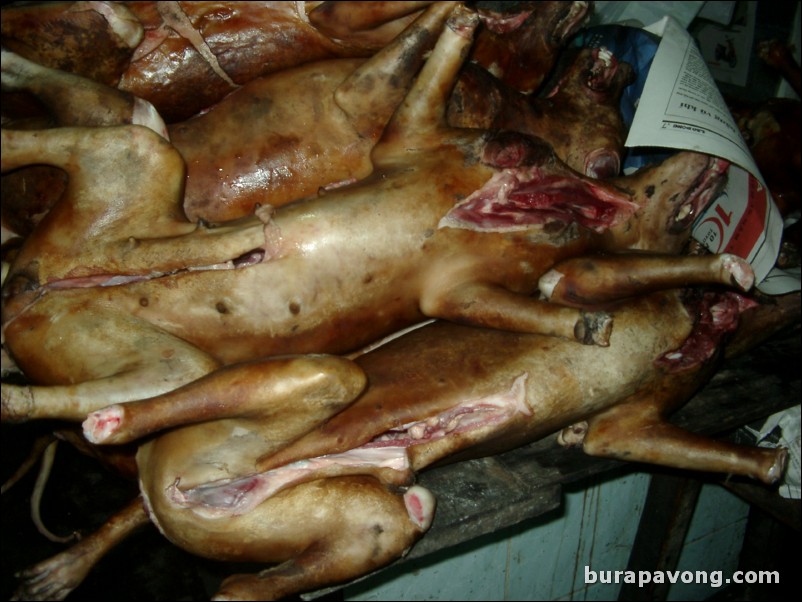 Dogs at a market in Hanoi.